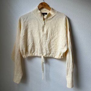 Soft Yellow Knit Quarter Zip Sweater with Drawstring Waist